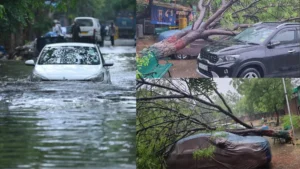 बारिश के कारण डूबी सड़क और ट्रैफिक में फंसी गाड़ियां, दिल्ली में मानसून का कहर
